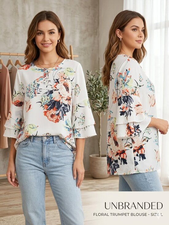 Tops - NEW Unbranded White With Floral Design Trumpet Sleeve Boho Chic Blouse Size L
